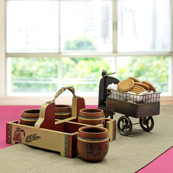 Traditional Clay Cups (Kulhad) with Tray - Set of 4
