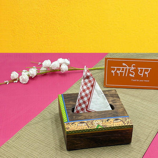 Handpainted Madhubani Art Napkin Holder - Espresso